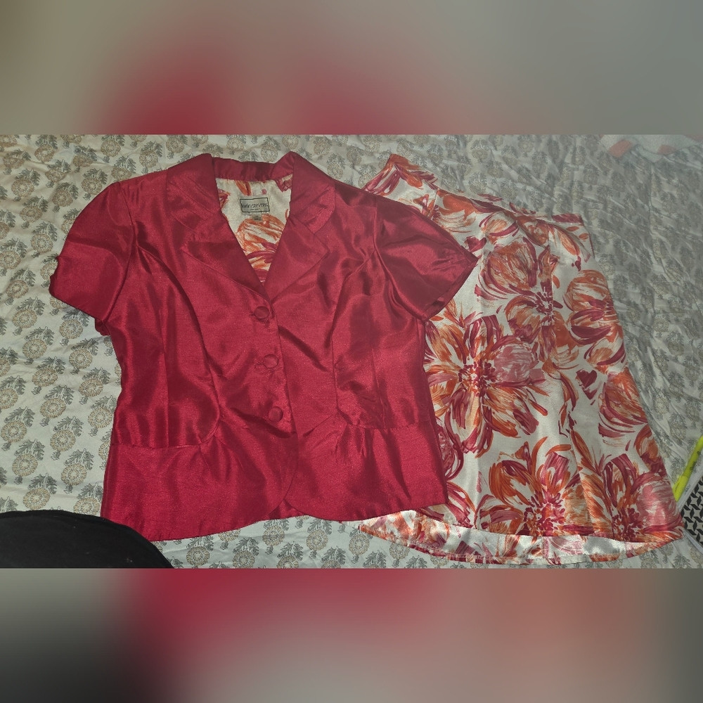 Karin Stevens Petites Skirt and Jacket Set Size 14P Pink Floral 2 Piece